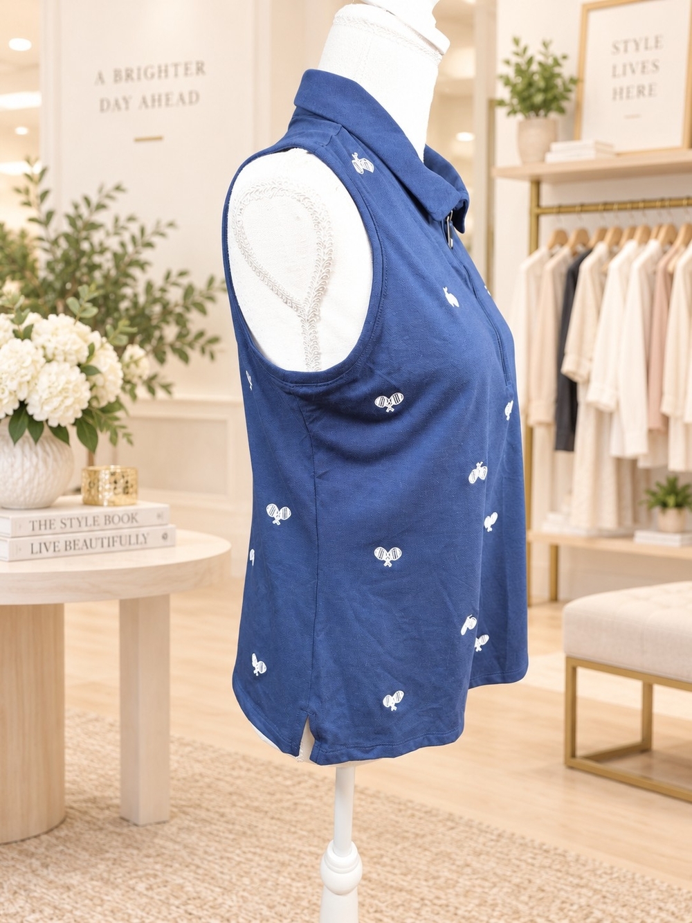 Sigrid Olsen Navy Sleeveless Polo Tank with White Tennis Motifs - Picture 3 of 9